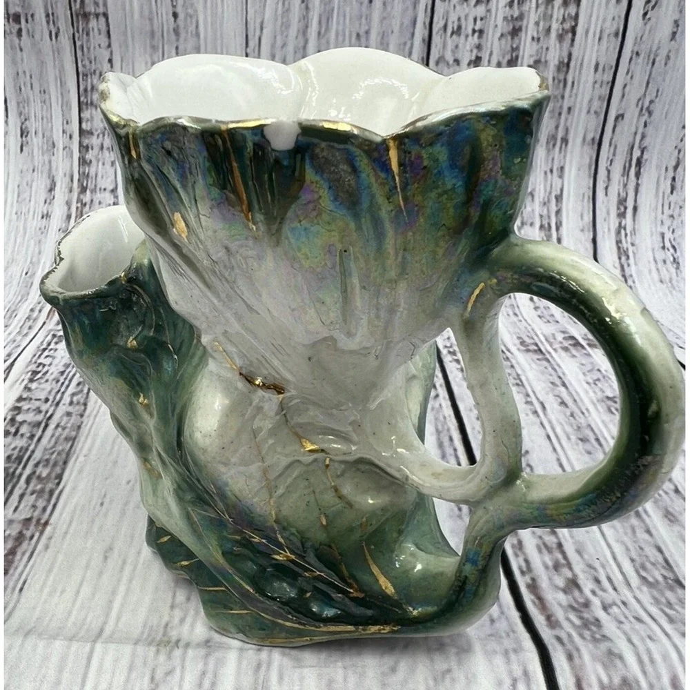 Antique German Porcelain Mustache Shaving Mug Luster Green Gold